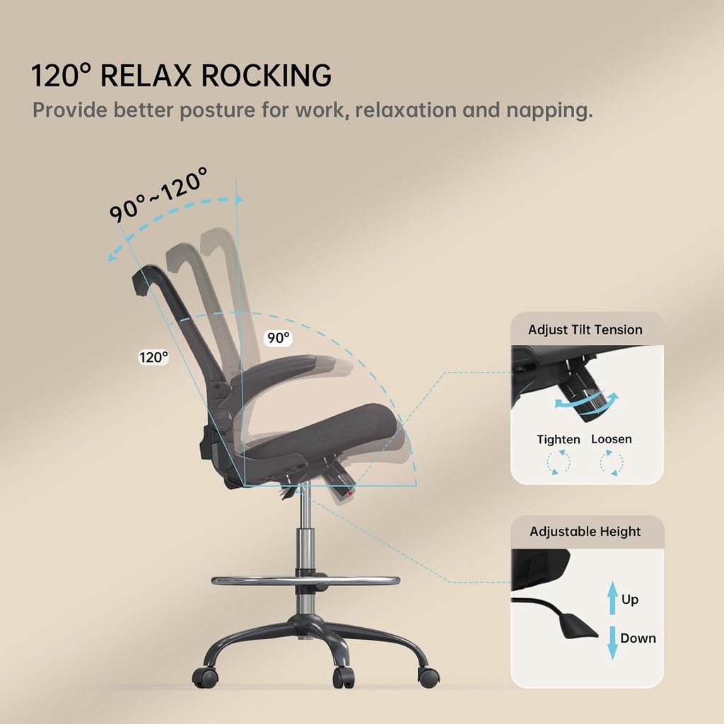 Drafting Chair,Tall Office Chair for Standing Desk,Office Drafting Chair with Footrest Ring,High Office Chair with Tilt Back,Extra Tall Office Chairs with Flip Up Armrest