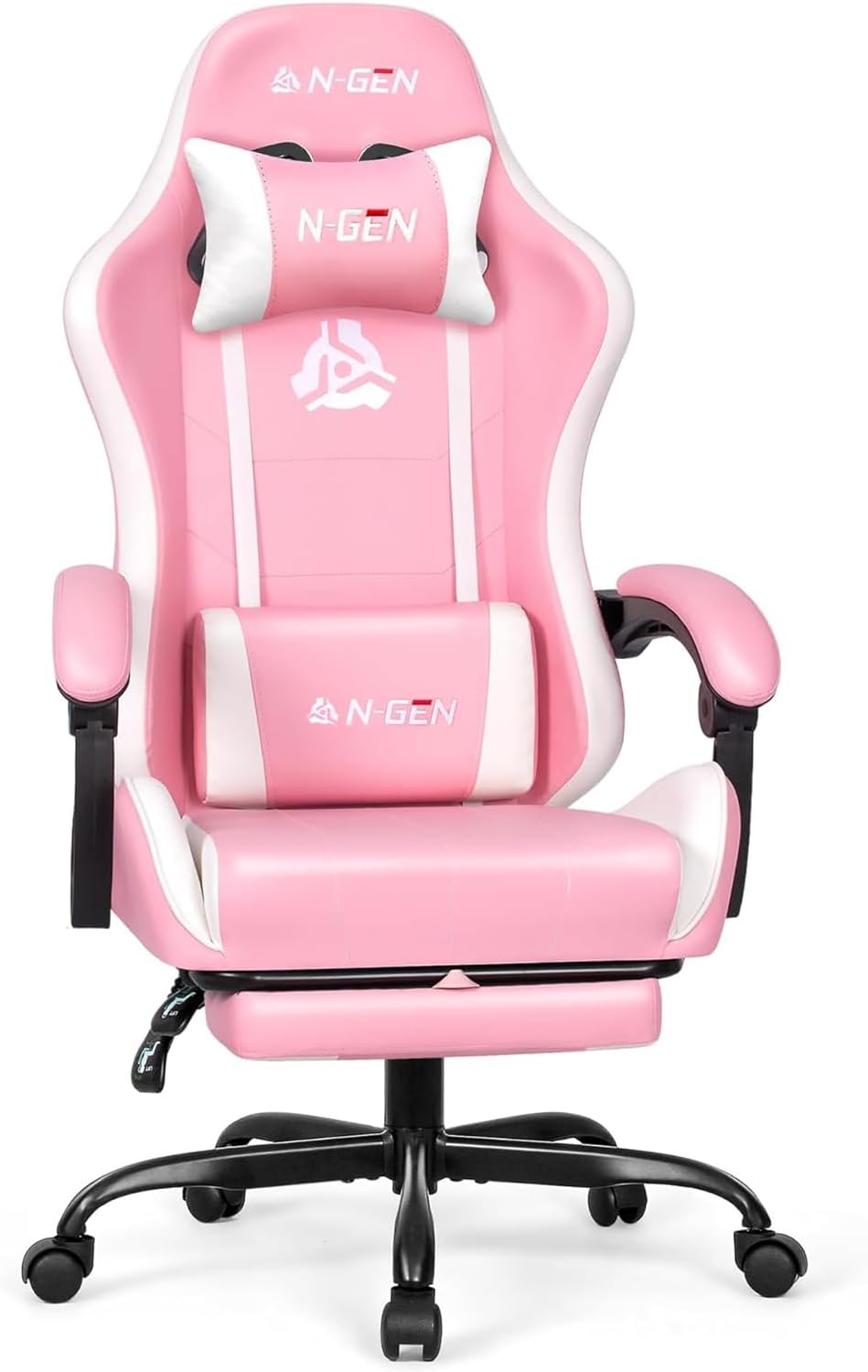 N-GEN GAMING Video Gaming Chair with Footrest Lumbar Support for Home Office High Back Recliner Height Adjustable Ergonomic Comfy Leather Computer Desk Chair (Leather Pink)