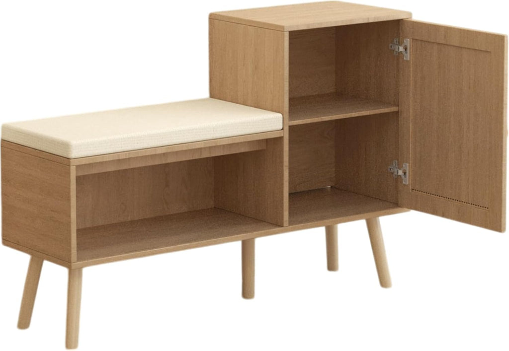 Entryway Bench with Rattan Cabinet Door, Shoe Storage, Cushioned Seat, Natural Wood, 39.37" x 27.56