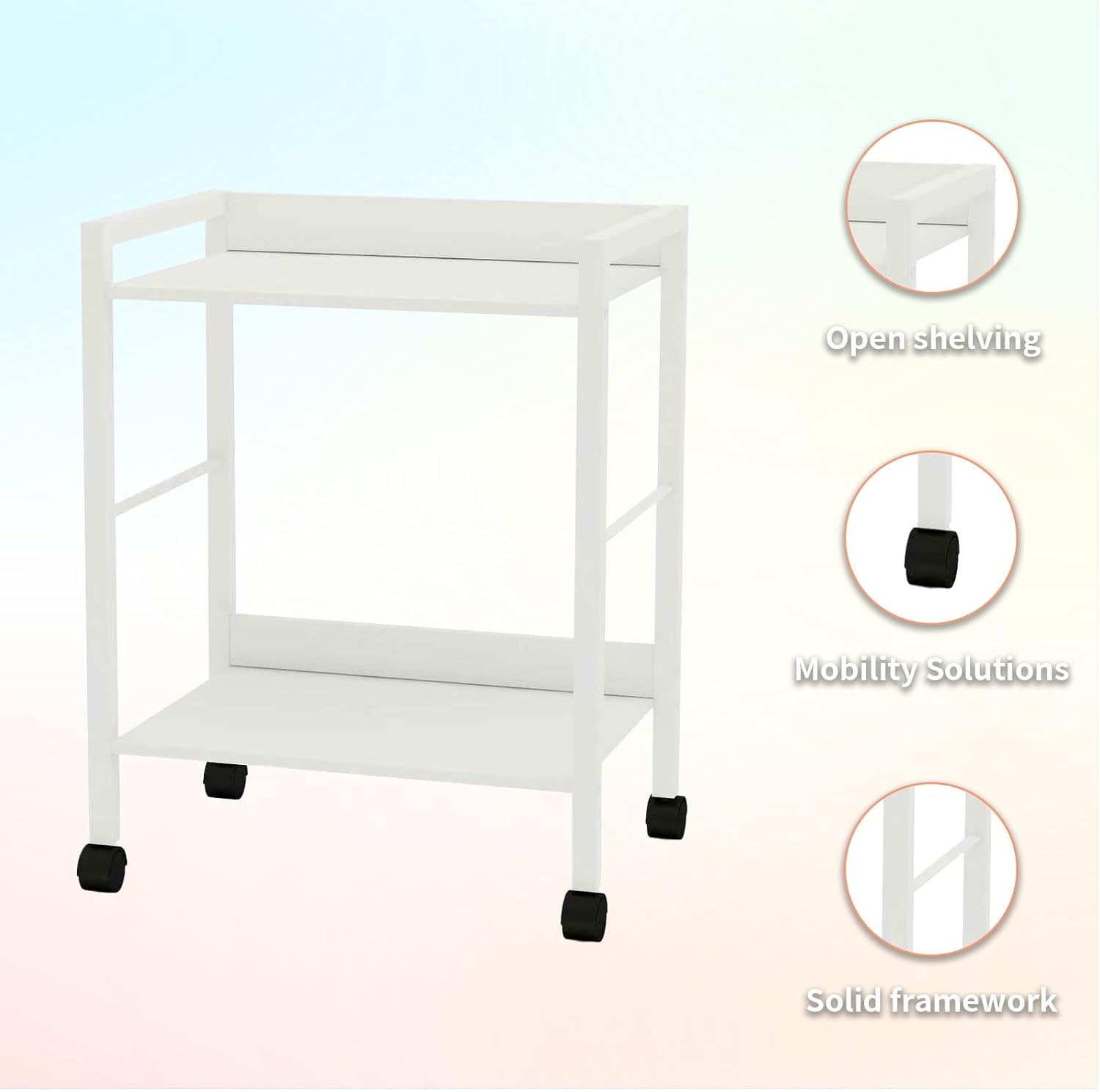 Rolling Side Table & Nightstand, 2-Tier Industrial Sofa Table with Wood Shelves on Wheels, Mobile End Table, Small Storage Cart for Living Room, Bedroom, Office.White