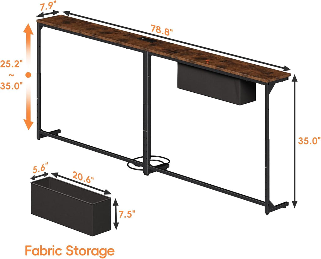 LIFECHOVY 78.8 Inch Narrow Console Table with Power Outlets, 25.2"-35" Adjustable Height Skinny Behind the Couch Table with Fabric Storage, Long Sofa Table for Living Room, Entryway, Rustic Brown