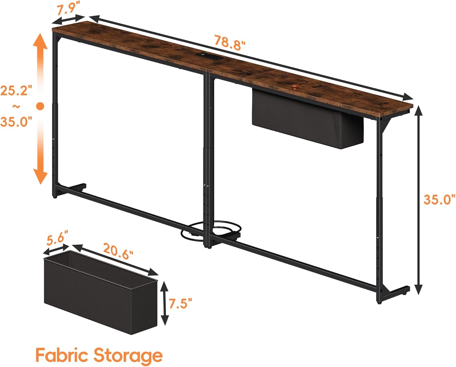 LIFECHOVY 78.8 Inch Narrow Console Table with Power Outlets, 25.2"-35" Adjustable Height Skinny Behind the Couch Table with Fabric Storage, Long Sofa Table for Living Room, Entryway, Rustic Brown