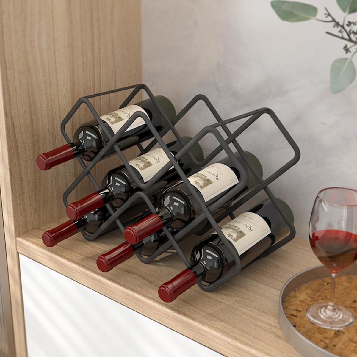 Metal Wine Rack – Matte Black Carbon Steel, 10-Bottle Countertop & Hangable Wine Holder, Modern Geometric Design, Rustproof, Under-Cabinet Display, No Assembly Needed for Countertop Use