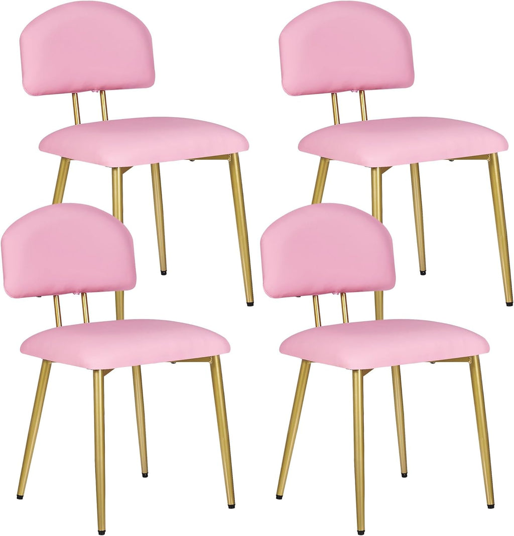 VECELO Dining Chairs Set of 4, Upholstered Kitchen Chairs with Extra Thick Cushion & Sturdy Metal Frame, Faux Leather Chairs for Vanity, Kitchen, Living Room, Pink