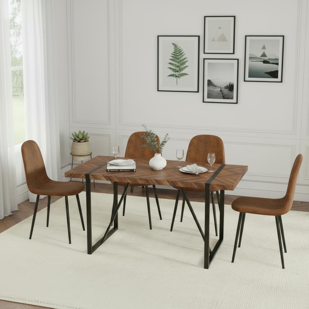 FURNITO 55" Dining Room Table Set for 4, Mid Century Modern Dining Table Set with Upholstered Chairs, Rustic Dark Wood Kitchen Table and Chairs Set for Living Room, Space-Saving & Easy Assembly