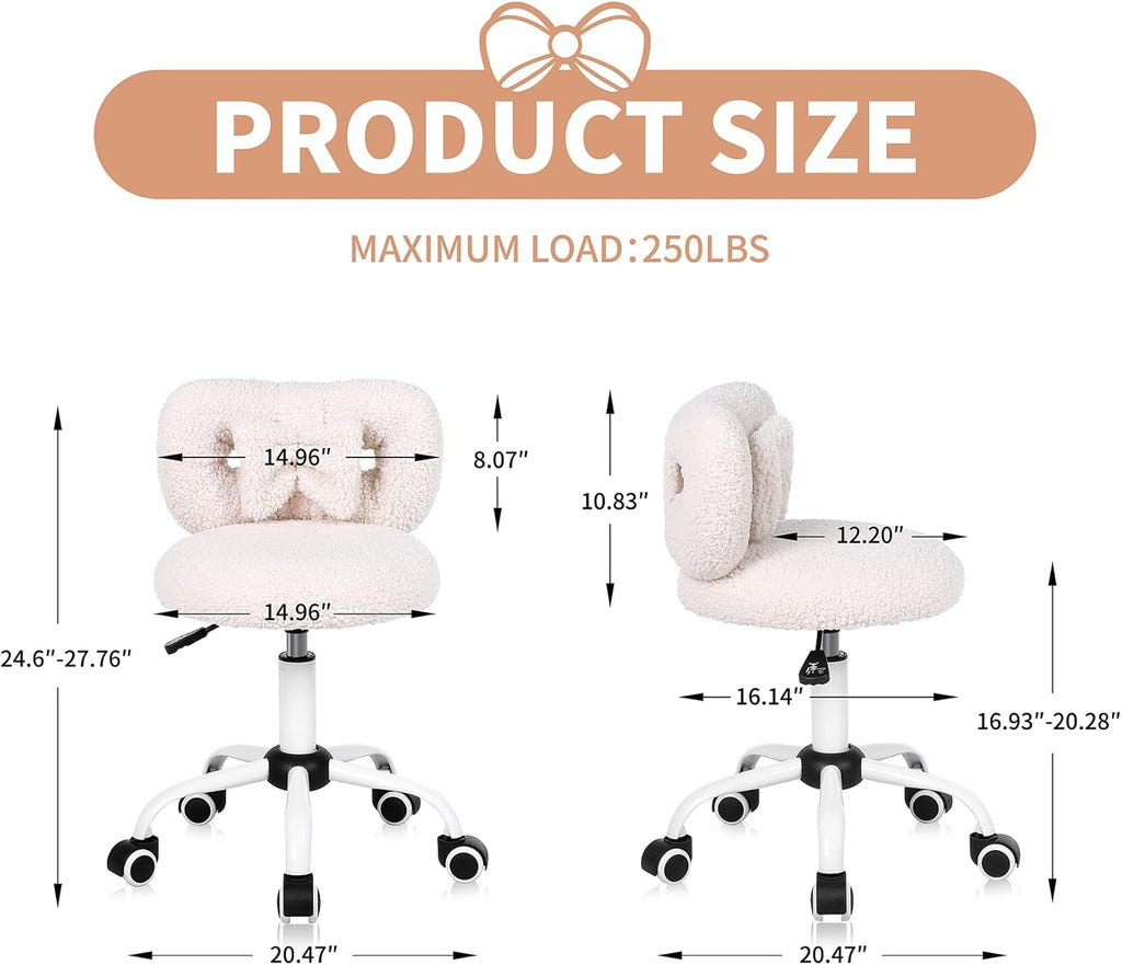 Kids' Desk Chair with Bow Design, Cute Upholstered Swivel Chair with Wheels and Adjustable Height, Small Comfy Armless Chairs for Girls/Children (Cream)