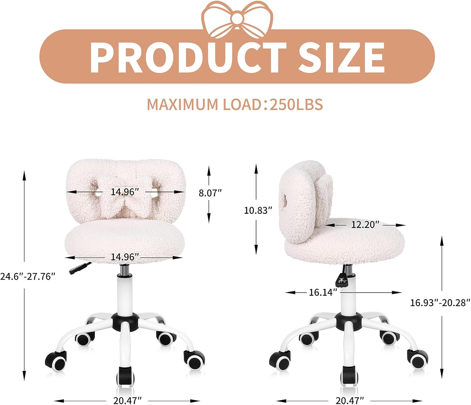 Kids' Desk Chair with Bow Design, Cute Upholstered Swivel Chair with Wheels and Adjustable Height, Small Comfy Armless Chairs for Girls/Children (Cream)