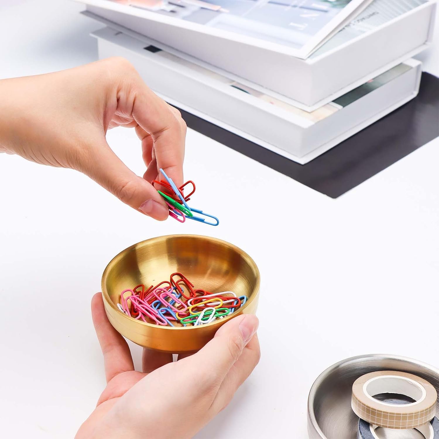 NatSumeBasics Gold Paper Clip Holder Cute Round Paper Clips Dispenser Elegant Desk Organizer Accessories Supplies for School Office Home