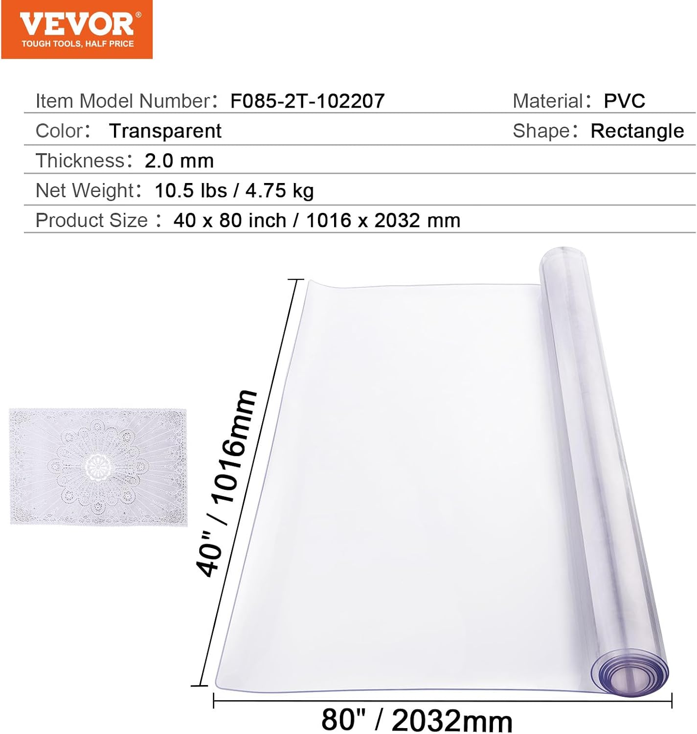 VEVOR Plastic Table Cover, 40 x 80 Inch 2.0 mm Thick Rectangle Clear PVC Mat Protector, Waterproof & Easy Cleaning Desk Pad Tablecloth, for Office, Dresser, Dining Room, Night Stand