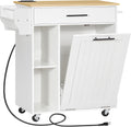 HOOBRO Kitchen Island with Trash Can Storage, Rolling Kitchen Island on Wheels, Kitchen Storage Island with Power Outlet, Mobile Islands Table for 10 Gallon Garbage Bin, Natural and White WN80UZD01G1