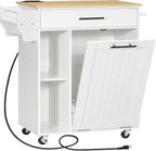 HOOBRO Kitchen Island with Trash Can Storage, Rolling Kitchen Island on Wheels, Kitchen Storage Island with Power Outlet, Mobile Islands Table for 10 Gallon Garbage Bin, Natural and White WN80UZD01G1