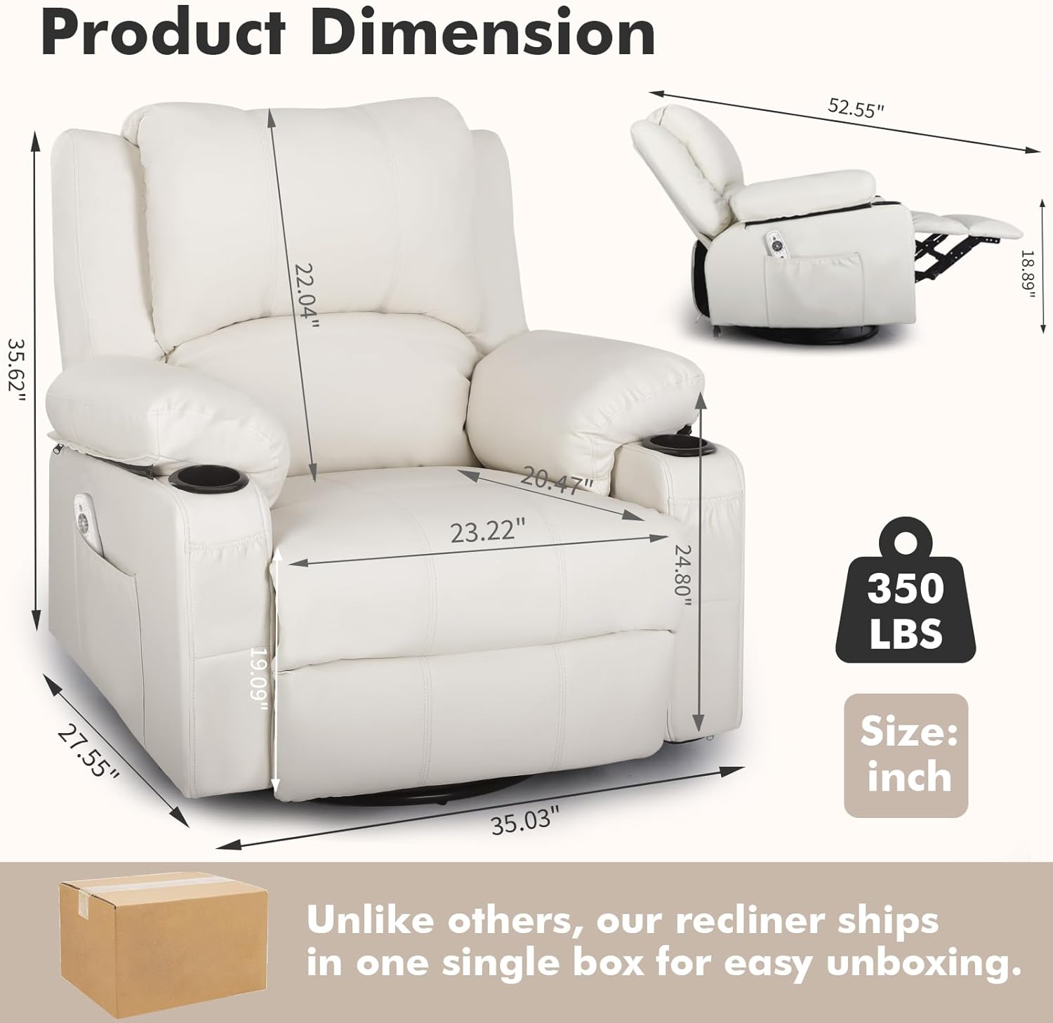 Faux Leather Rocker Recliner with Heat and Massage Cup Holders, Overstuffed Rocking Recliner Swivel Glider Chair for Nursery Heated Massaging Reclining Chair, Cream White