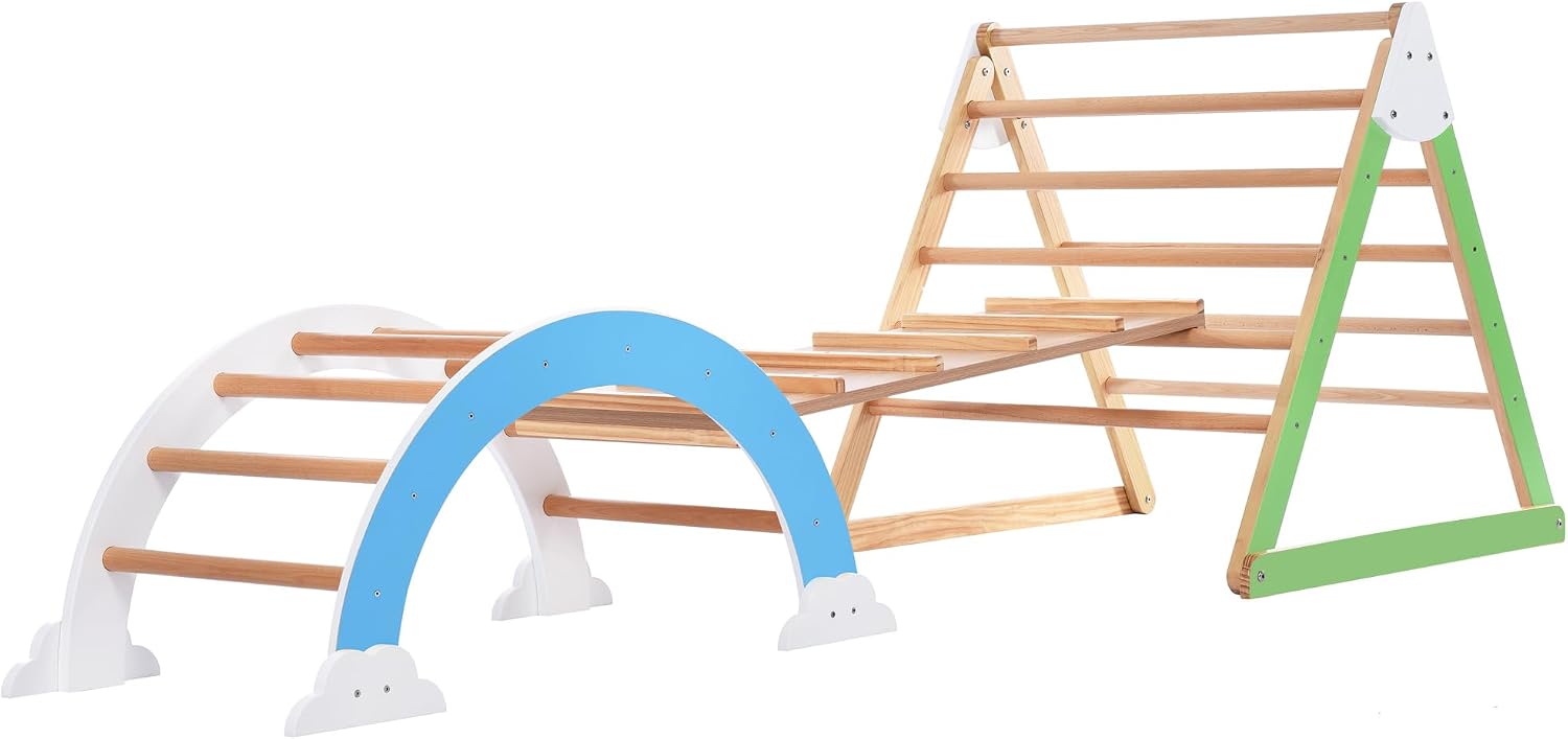 Wooden Climbing Triangle Toys Indoor Arc Climber Jungle with Ramp and Arch Toy Rocker, Reversible Multifunction Playset Natural Wood Playground BD269