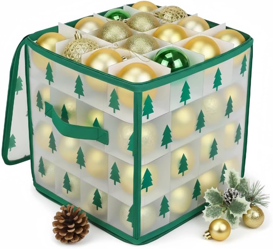Christmas Ornament Storage Box, Christmas Tree Ornament Organizer, Hard Plastic Storage Container with Dividers, Clear Design Waterproof Case for 3" Seasons Balls
