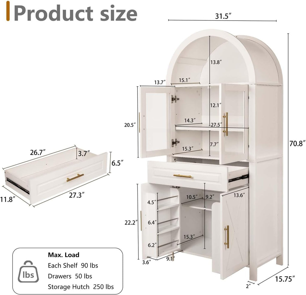71" Arched Farmhouse Pantry Cabinet with Glass Barn Door, Versatile Cupboard with Adjustable Shelf Wood Storage Cupboard for Kitchen, Living & Dining Room (White)