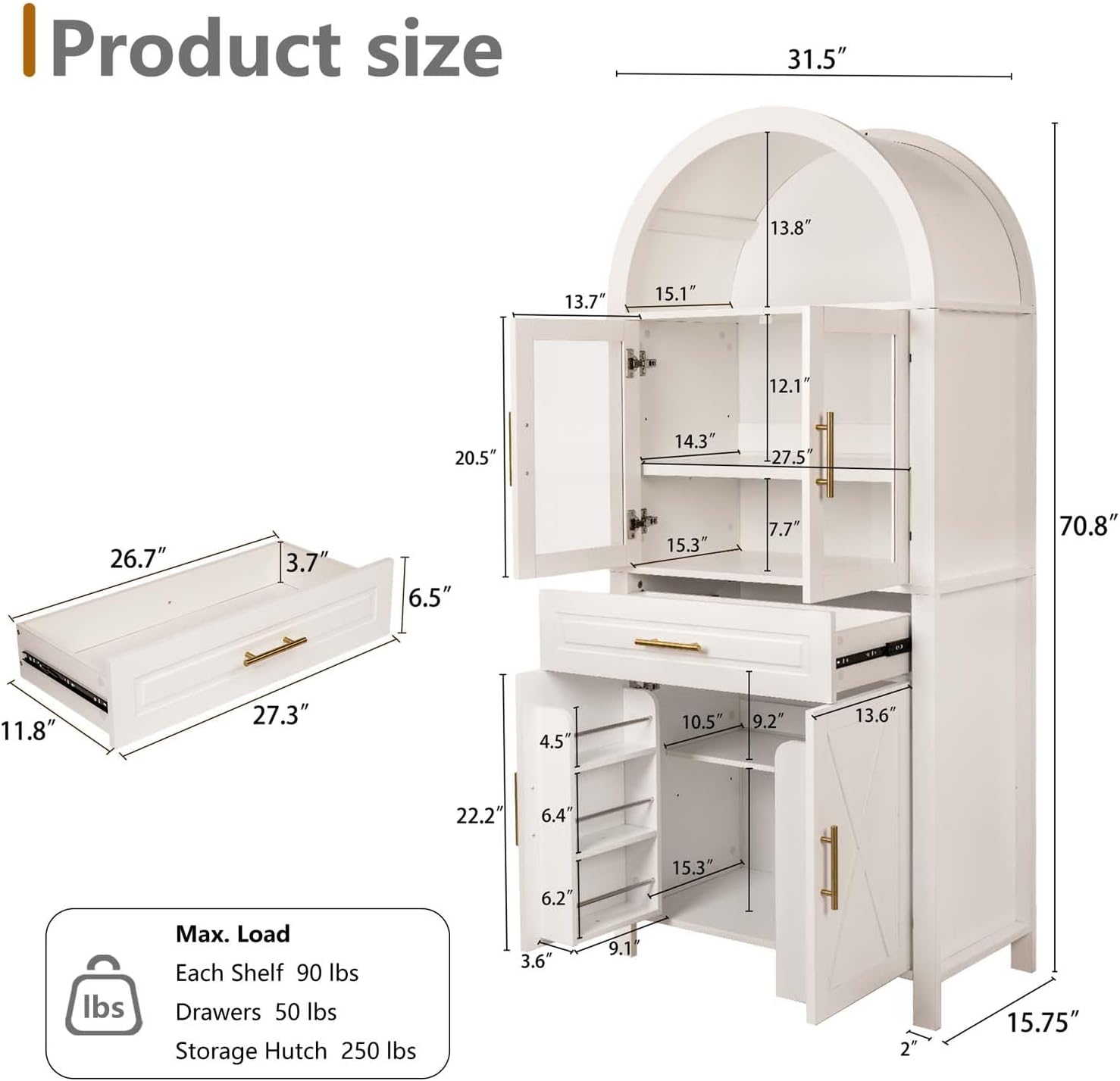 71" Arched Farmhouse Pantry Cabinet with Glass Barn Door, Versatile Cupboard with Adjustable Shelf Wood Storage Cupboard for Kitchen, Living & Dining Room (White)