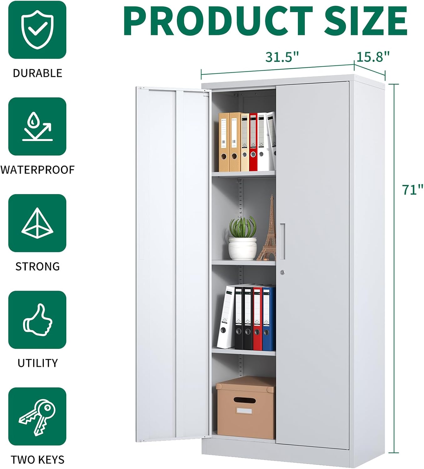 71" Tall Metal Storage Cabinet with Adjustable Shelves, Kitchen Pantry Storage Cabinet with 2 Doors, 31.5" W White Pantry Cabinet for Dining Room, Kitchen, Assembly Required, White