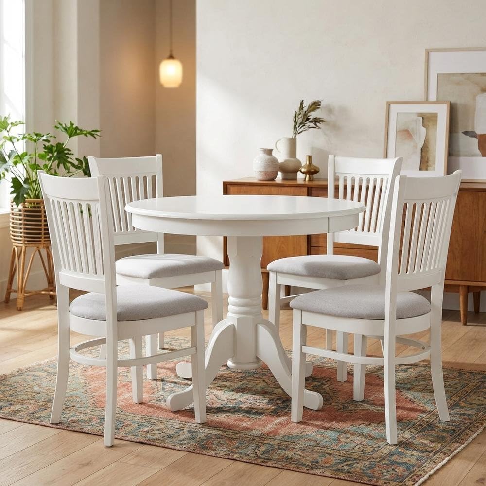 Furnifact White Solid Wood 5 Pc Dining Room Set, Breakfast Nook Table with Slatted Chairs, Kitchen Table and Chairs for 4, Compact Seating Option