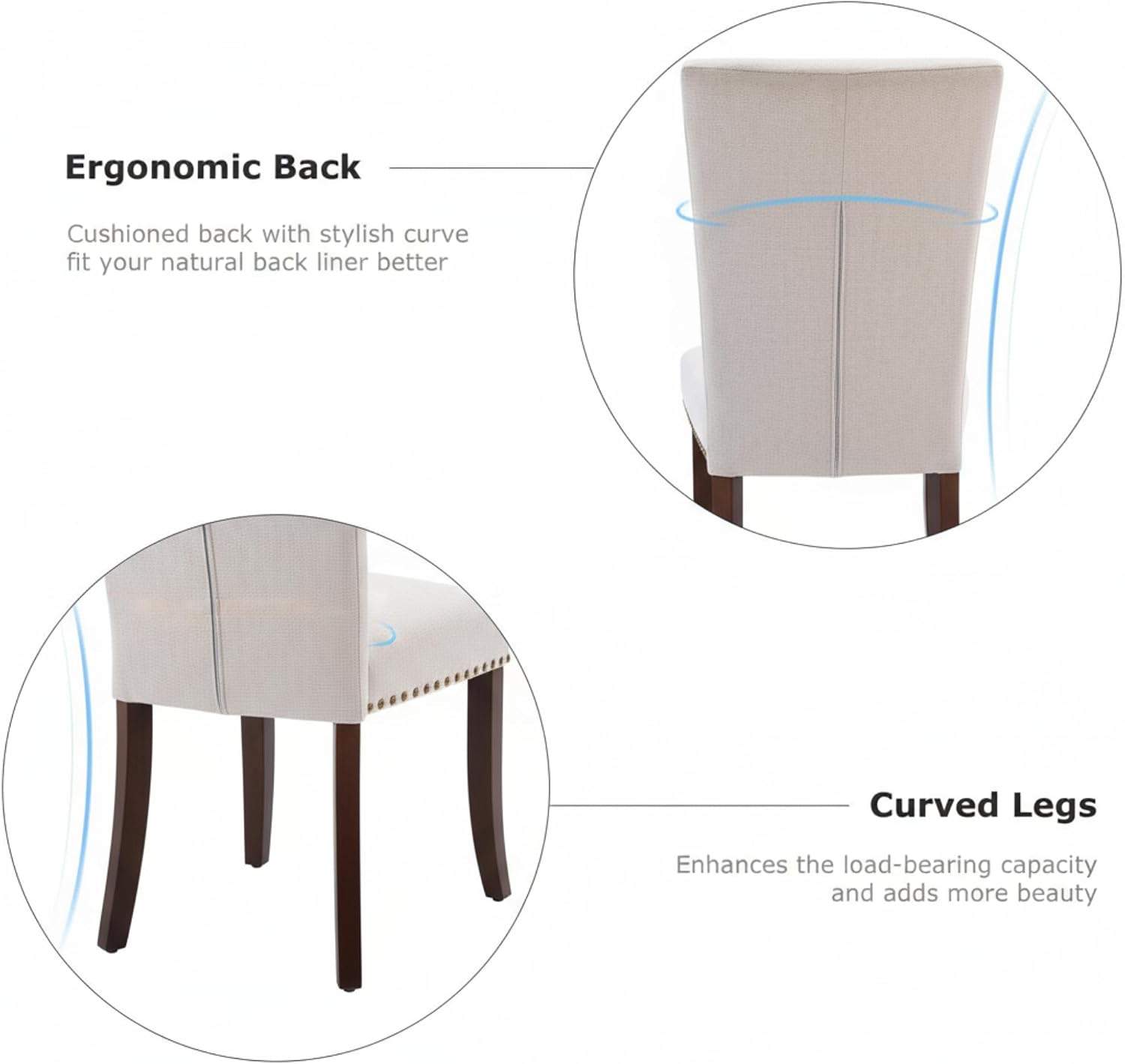 Set of 2 Beige Upholstered Dining Chairs – Farmhouse Kitchen Chairs with High Back, Solid Rubberwood Legs, Padded Foam Seat & Bronze Nailhead Trim, Comfortable Dining Room Chairs for Home, Living Room