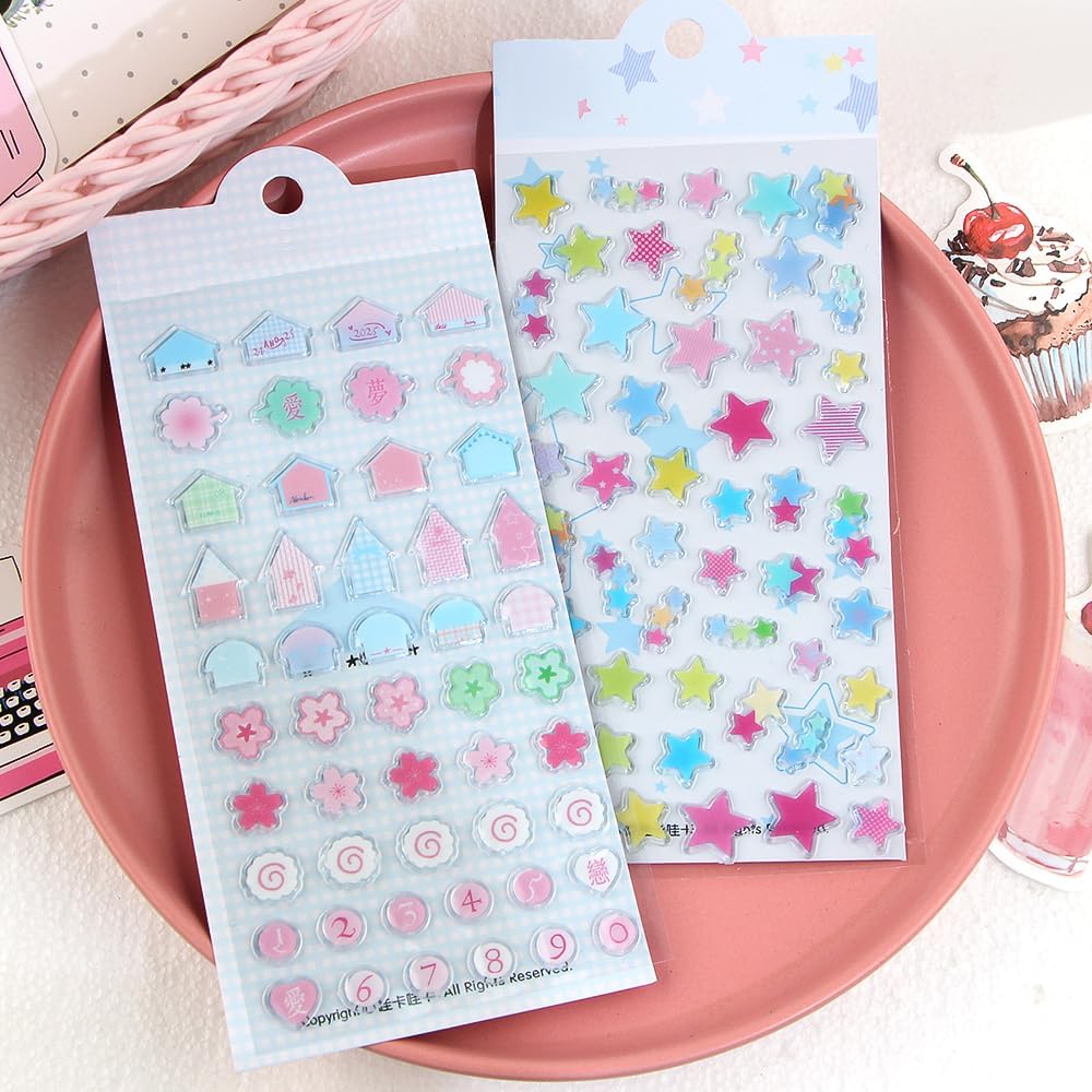 2Sheets Cute Deco Stickers Flower Star Heart House Number Sticker Kawaii Floral Stars Numbers Stickers for Water Bottles Scrapbooking Journaling Sticker DIY Craft Phone Case Album