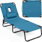 GYMAX Tanning Chair, Folding Lounge Chairs with Face Hole & Cover, Removable Pillow Carry Handle, Portable Compact Outdoor Layout Recliner for Beach, Poolside, Lawn, Patio, Camping (Blue,1)
