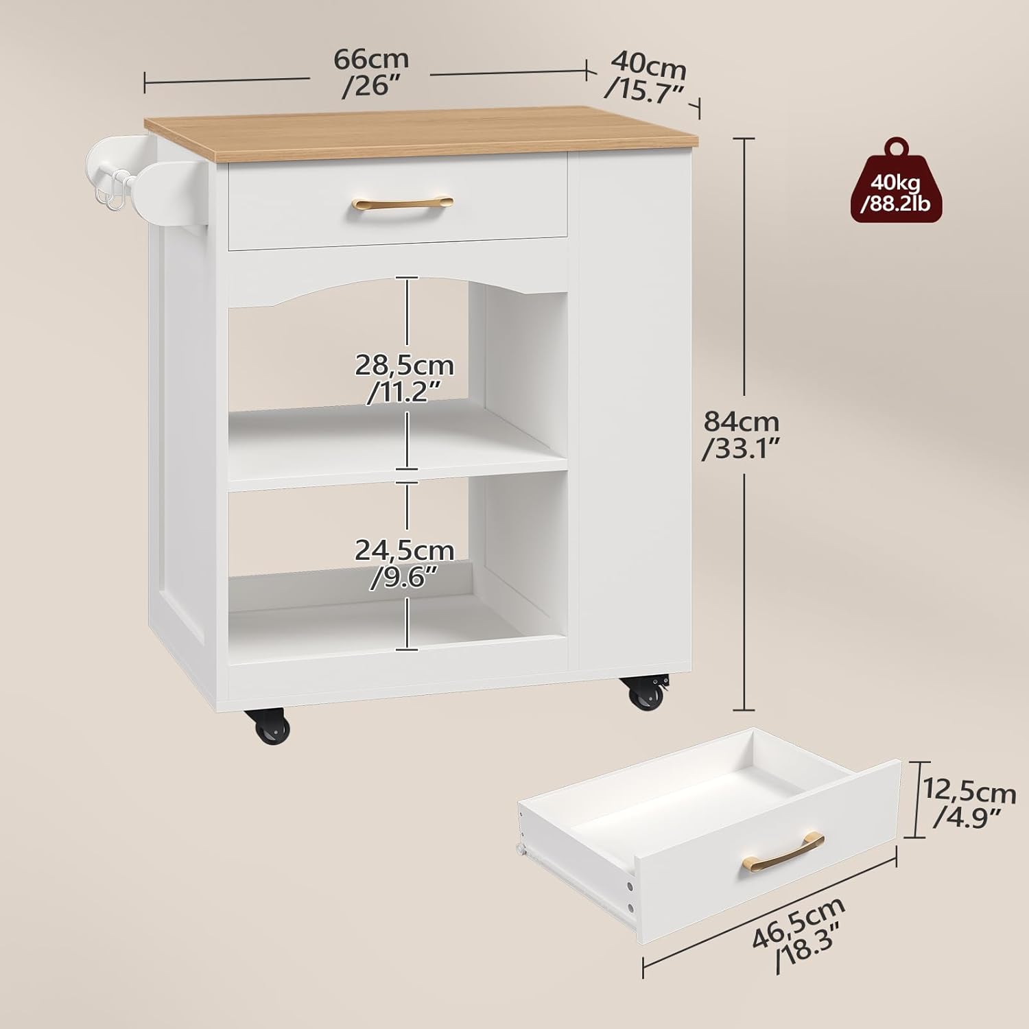MAHANCRIS Kitchen Island, Mobile Kitchen Island Table with Drawer and Open Shelves, Kitchen Storage Island on Wheels, Rolling Kitchen Cart with 6 S-Shaped Hooks, for Kitchen White and Natural KIBN9901