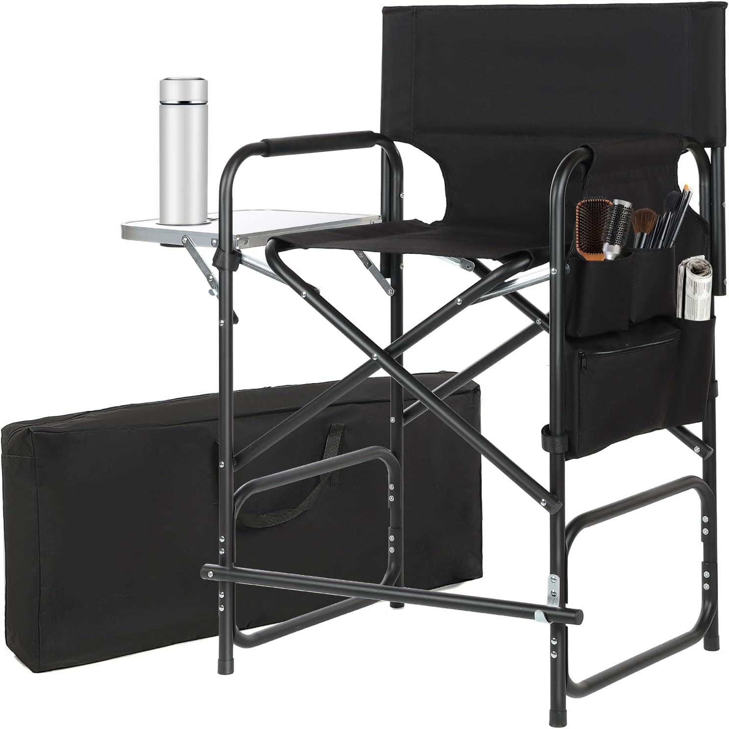 Aluminum Tall Directors Chairs Foldable, 41'' Makeup Chair for Makeup Artist with Side Table Cup Holder Storage Bag and Footrest, Weighs Only 8.8lb, 250lbs Capacity