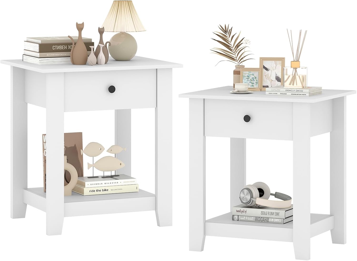 Giantex Nightstands with Drawer Set of 2, 2-Tier Bedside Table with Storage Open Shelf, Wooden Accent End Table for Small Spaces, Modern Night Stand for Bedroom Dorm Living Room, White