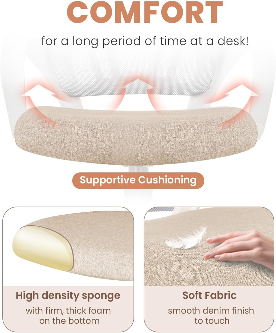 NEO CHAIR Office Desk Computer Chair Ergonomic Mesh Gaming Cushion Seat with Comfy Lumbar Mid Back Support Adjustable Height Swivel Rolling Wheels for Home Task (Beige)