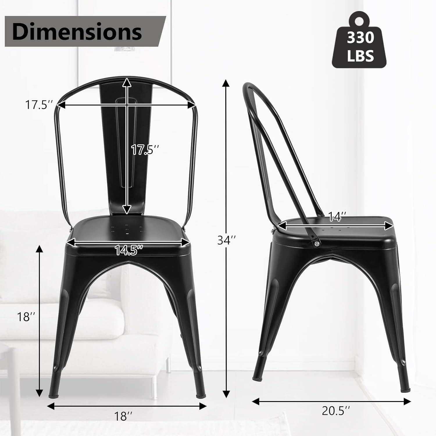 COSTWAY 18 Inch Dining Chair Set of 4, Industrial Vintage Stackable Metal Chairs, Armless Counter Bar Chairs with High Backrest for Home, Kitchen and Cafe Bar Use