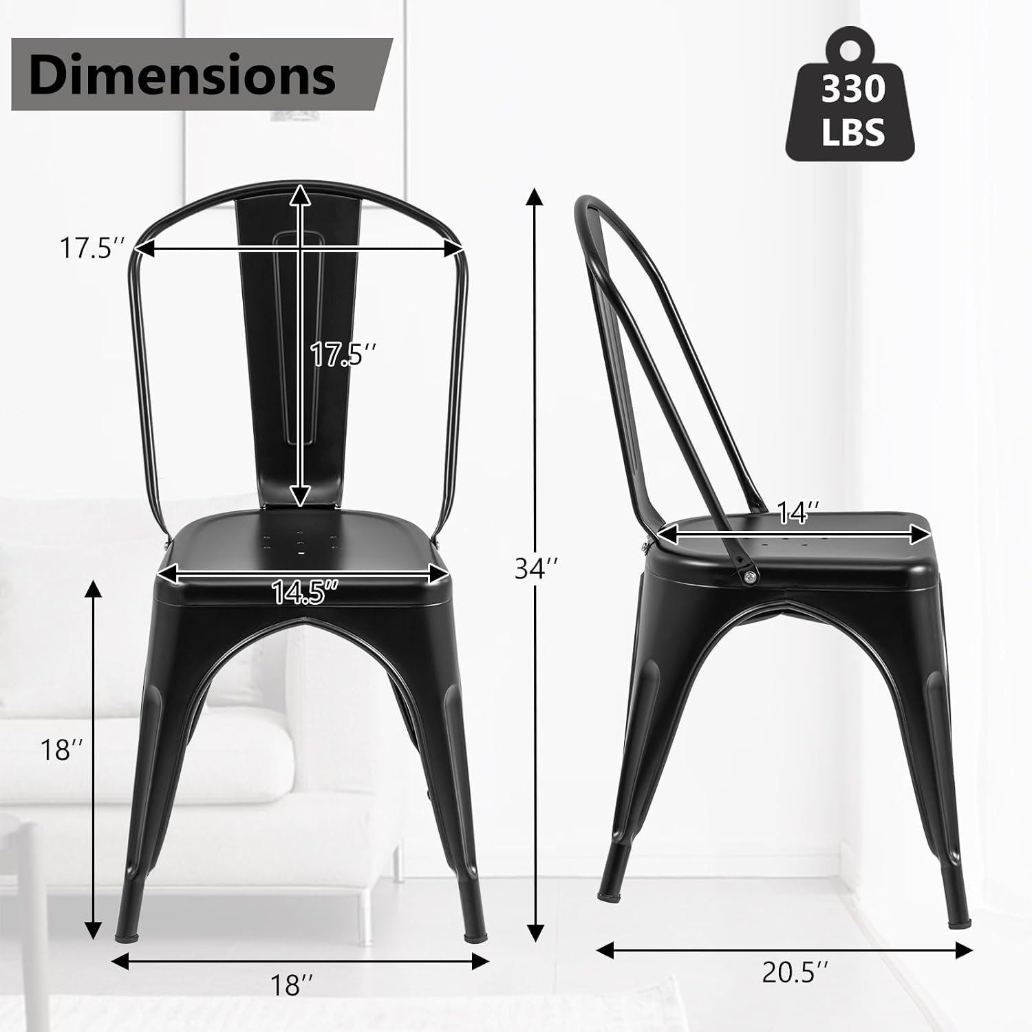 COSTWAY 18 Inch Dining Chair Set of 4, Industrial Vintage Stackable Metal Chairs, Armless Counter Bar Chairs with High Backrest for Home, Kitchen and Cafe Bar Use