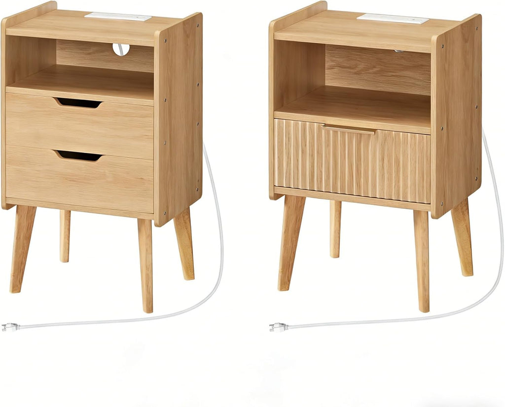 MAHANCRIS Nightstand with Charging Station and Modern Bedside Table Bundle, Natural End Table with Storage Drawers, Open Storage, Night Stand with Solid Wood Legs, for Bedroom, ETNA61E01-ETNA69E01