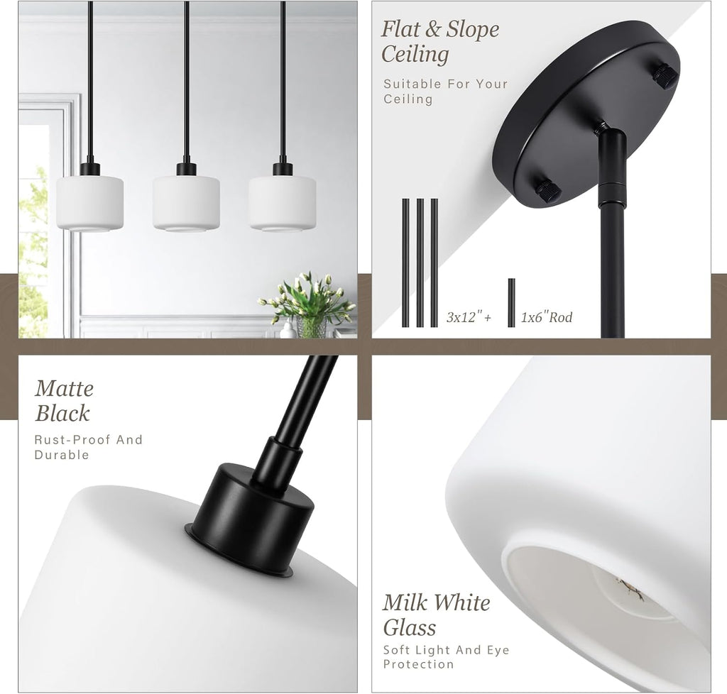 Black Pendant Lights Kitchen Island 2 Pack, Modern Milk Glass Hanging Light Fixtures with Rods, Mini Kitchen Pendant Lighting Over Island for Sink Bathroom, OS-YQ8153-2PBK
