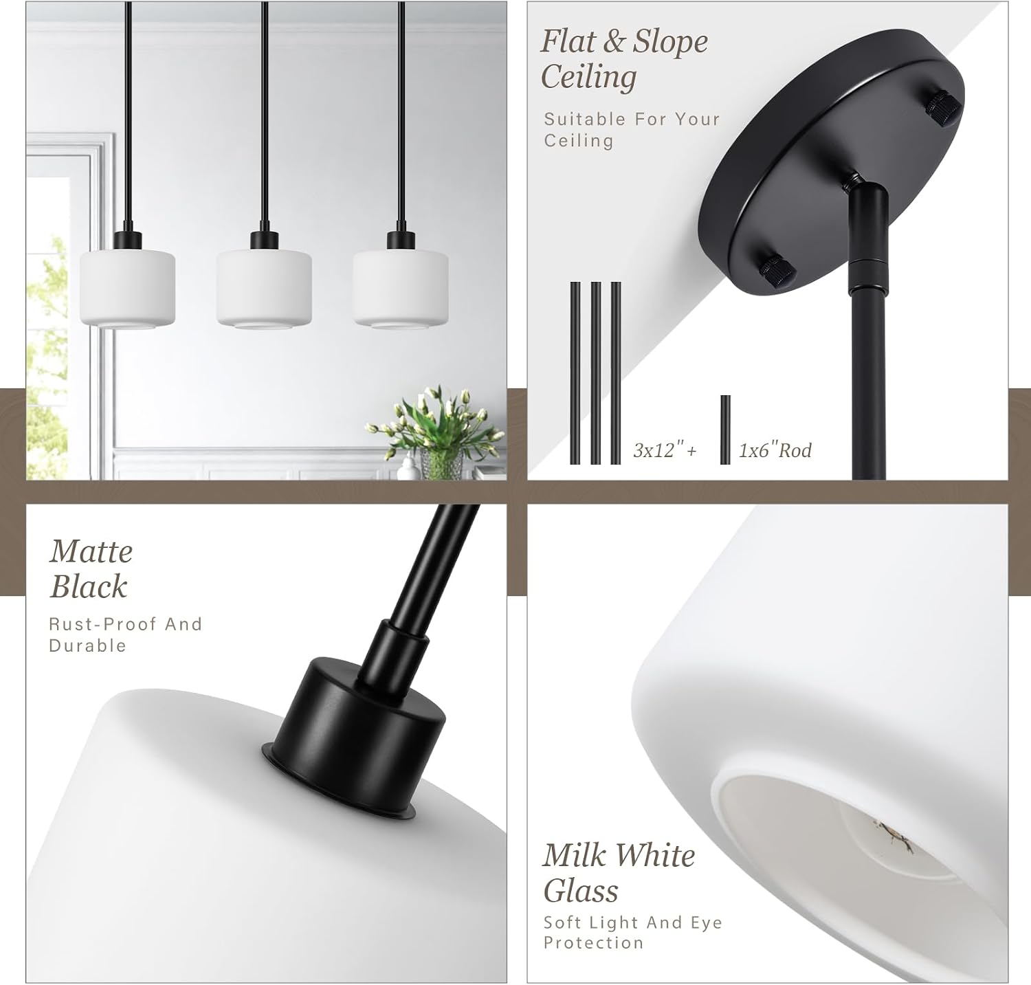 Black Pendant Lights Kitchen Island 2 Pack, Modern Milk Glass Hanging Light Fixtures with Rods, Mini Kitchen Pendant Lighting Over Island for Sink Bathroom, OS-YQ8153-2PBK