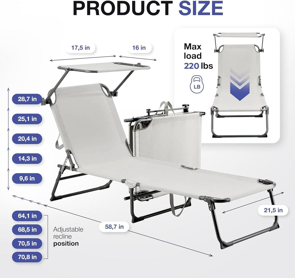 Folding Outdoor Lounge Chair with Canopy - Portable & Adjustable Beach Lounge Chair - 5-Positions, Carry Handles, 600D Fabric, 220 lbs Capacity – Tanning Chaise Lounge for Beach, Patio, Lawn