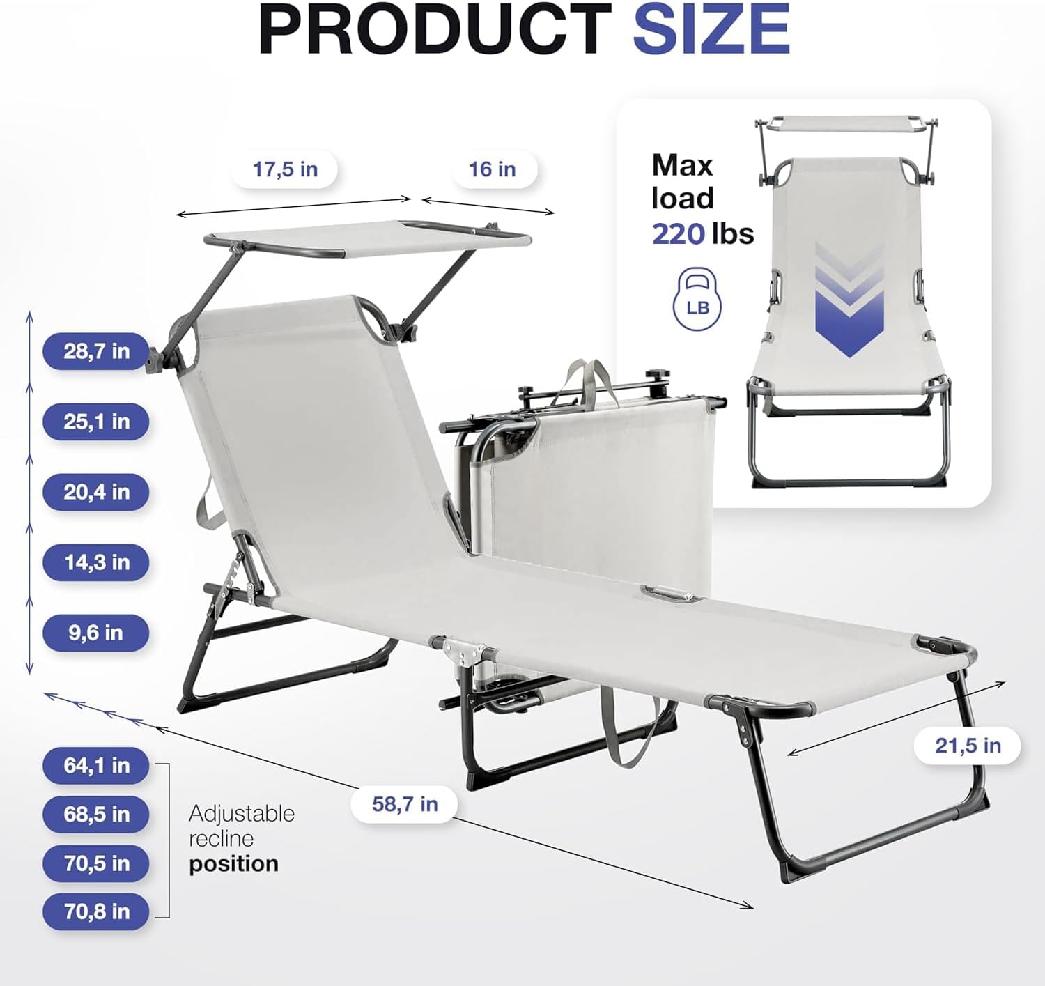 Folding Outdoor Lounge Chair with Canopy - Portable & Adjustable Beach Lounge Chair - 5-Positions, Carry Handles, 600D Fabric, 220 lbs Capacity – Tanning Chaise Lounge for Beach, Patio, Lawn