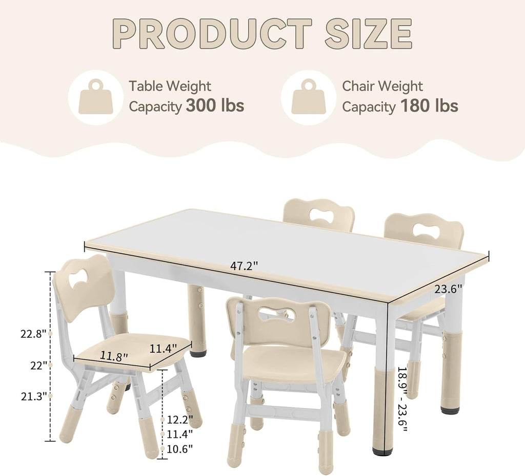 GITAWUSA Kids Study Table and Chairs Set, Height Adjustable Toddler Table and Chair Set for Kids Ages 3-8, Graffiti Desktop (Burlywood - 1)