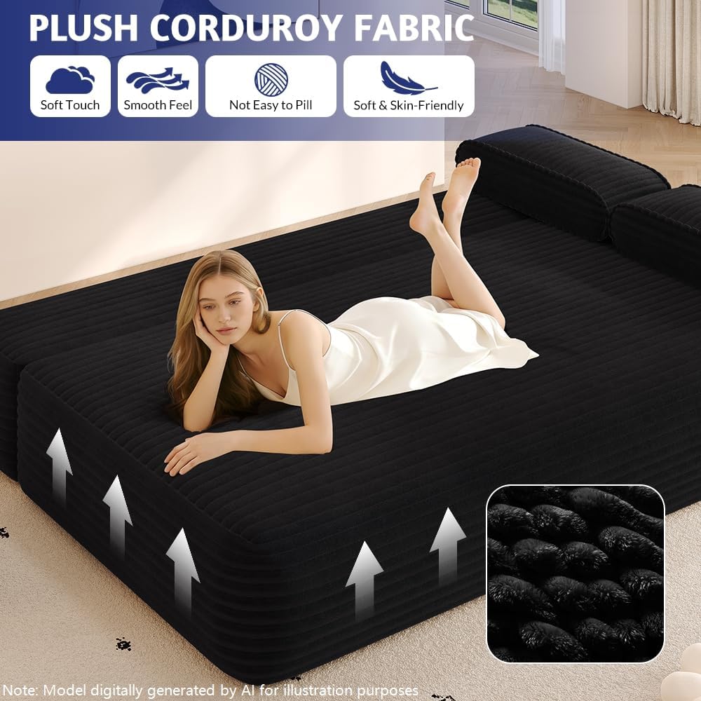 78.7'' Boneless Couches Queen, Corduroy Futon Sofa Bed, Modern Floor Couch, Cloud Convertible Sleeper Sofa Daybed, Comfy Loveseat, 3 Pillows, for Small Spaces, Living Room, Apartment, Black