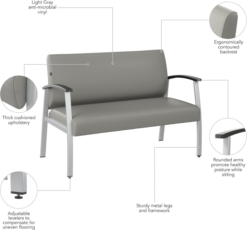 Bush Business Furniture Arrive Waiting Room Loveseat with Arms in Light Gray Vinyl, Reception Area Seating for Office and Lobby
