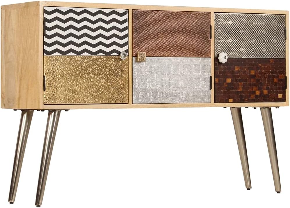 Solid Mango Wood Sideboard with Multicolored Patterns, 3 Compartments Storage Cabinet for Dining Room Living Room Entryway, Modern Furniture with Decorative Inlays and Sturdy