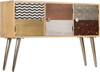 Solid Mango Wood Sideboard with Multicolored Patterns, 3 Compartments Storage Cabinet for Dining Room Living Room Entryway, Modern Furniture with Decorative Inlays and Sturdy
