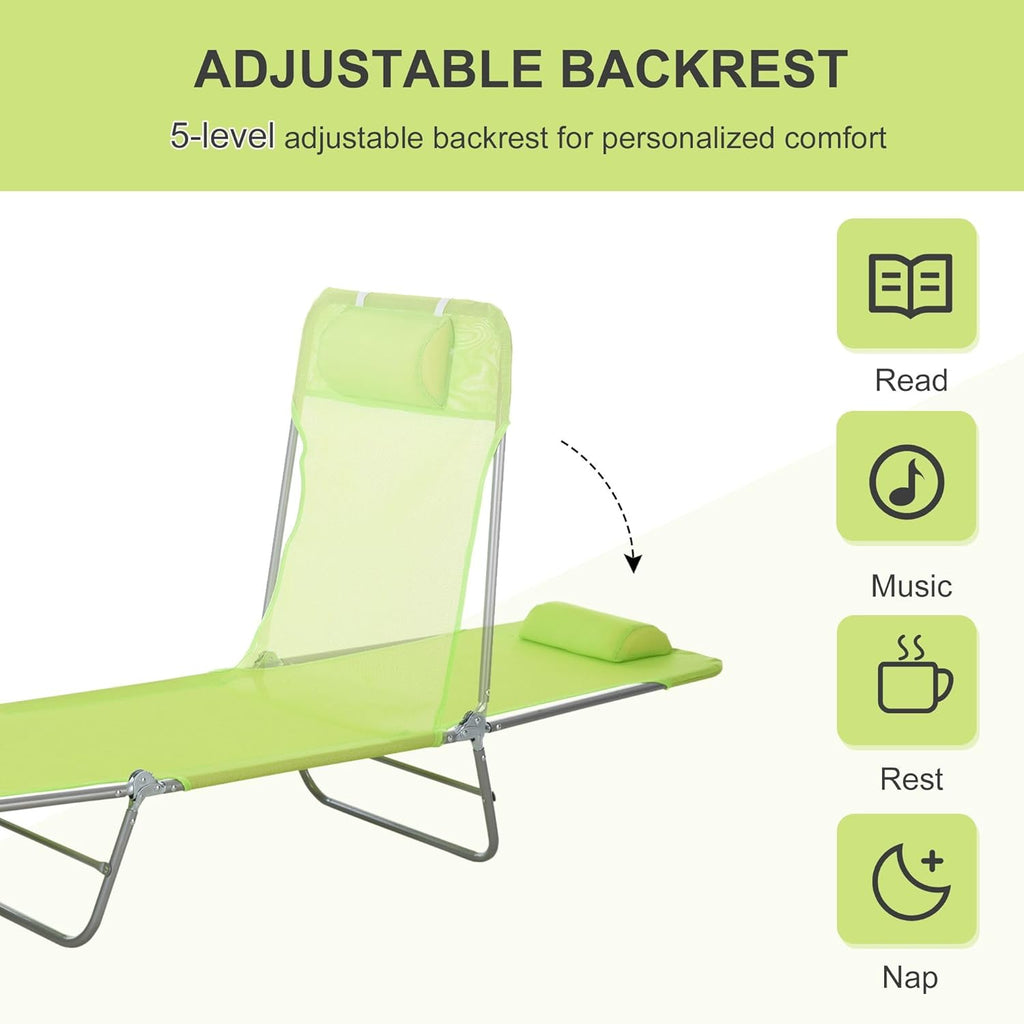 Green 6-Position Folding Chaise Lounge Chair — 265lb Capacity, Powder-Coated Steel FFor rame, Ventilated Mesh Surface, Head Pillow Included