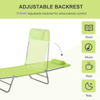 Green 6-Position Folding Chaise Lounge Chair — 265lb Capacity, Powder-Coated Steel FFor rame, Ventilated Mesh Surface, Head Pillow Included