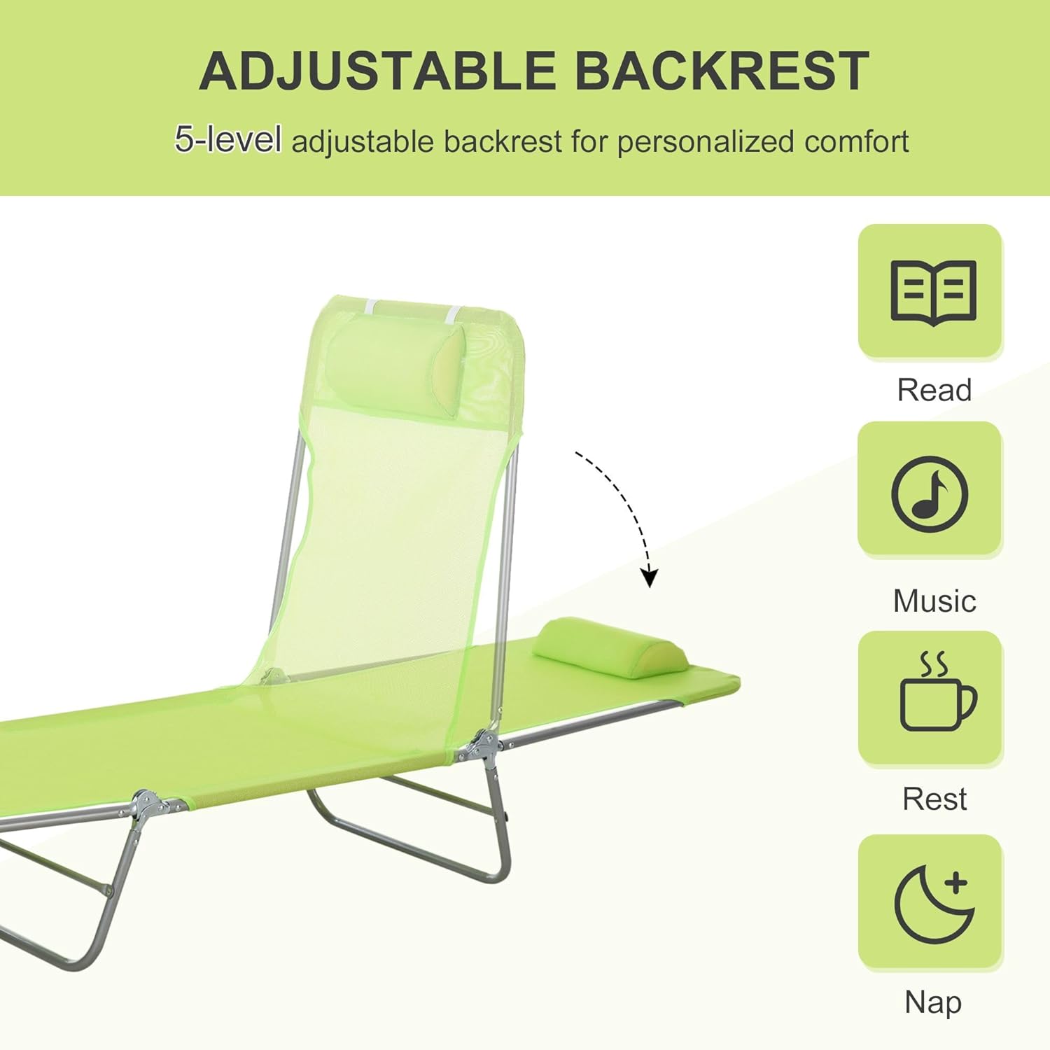 Green 6-Position Folding Chaise Lounge Chair — 265lb Capacity, Powder-Coated Steel FFor rame, Ventilated Mesh Surface, Head Pillow Included