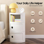 Round Nightstand, 3-Tier Round Bedside Table, ABS White Cylindrical Cabinet with Sliding Doors, Modern Narrow Modular Side Table for Bedroom, Living Room, 12.5" Diameter x 22.8" Height