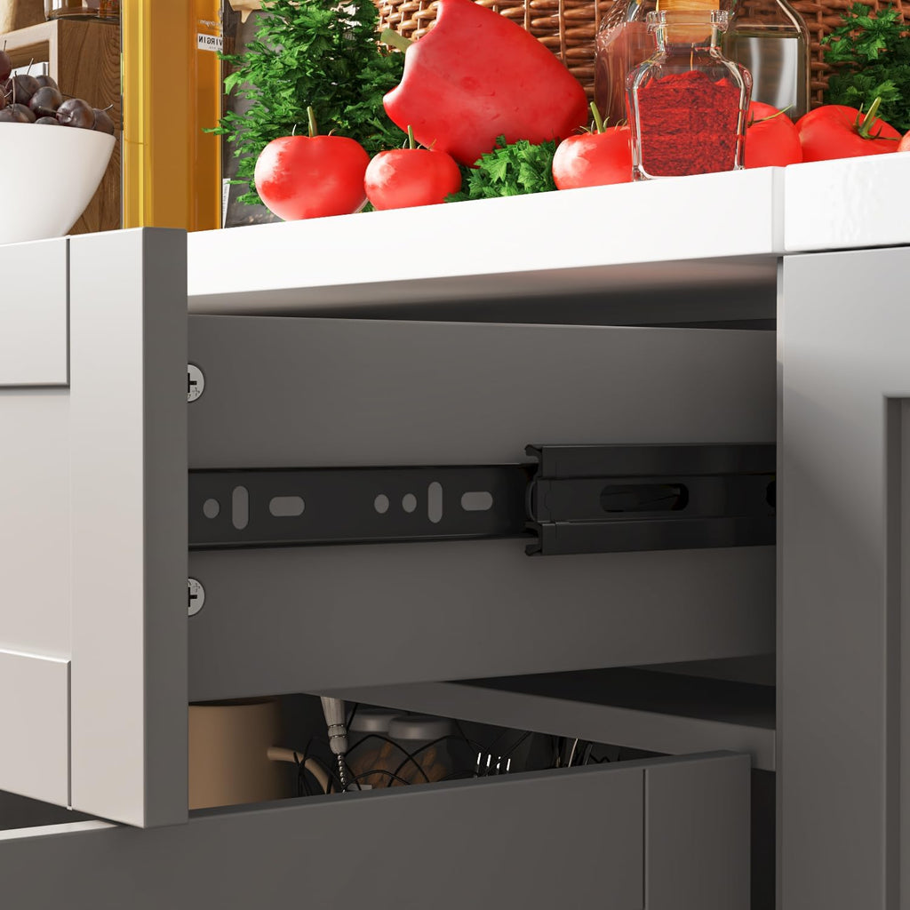 ECACAD Wall-Mounted Kitchen Pantry with Doors, Drawers & Adjustable Shelves, Kitchen Cupboard Storage Cabinet with White Top for Living Room, Grey