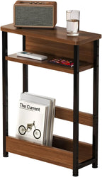 Narrow Side Table with Storage Shelf, 3-Tier Slim End Table with Magazine Holder, Modern Thin Side Tables for Couch or Small Spaces, Skinny Nightstand for Living Room or Bedroom Walnut
