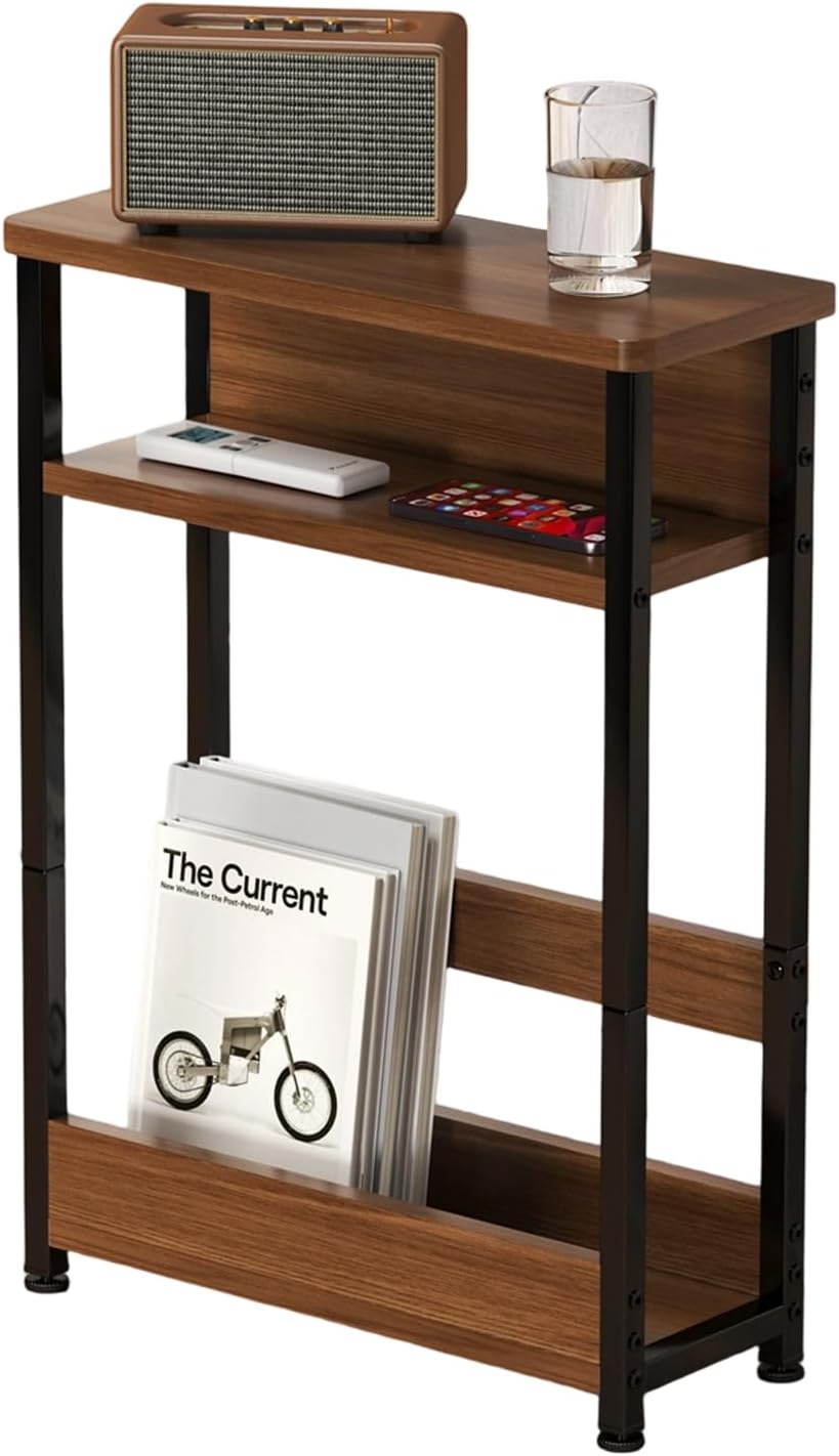 Narrow Side Table with Storage Shelf, 3-Tier Slim End Table with Magazine Holder, Modern Thin Side Tables for Couch or Small Spaces, Skinny Nightstand for Living Room or Bedroom Walnut