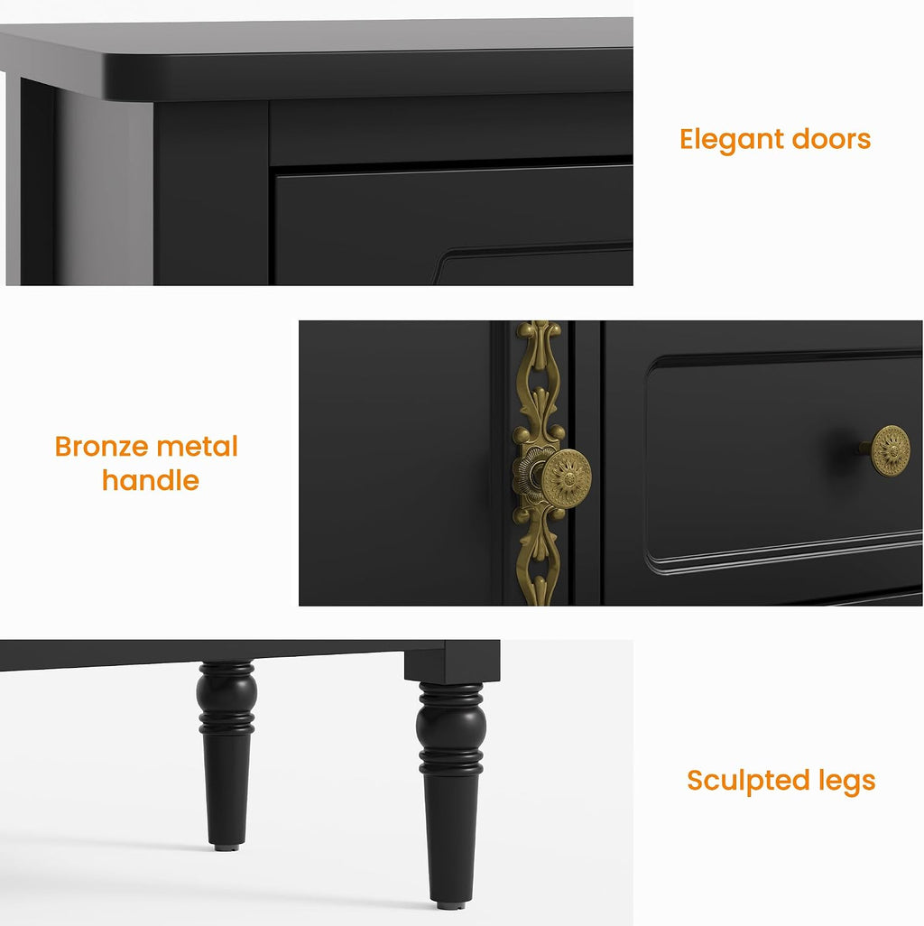 RoyalCraft Buffet Cabinet with Storage, Vintage Sideboard with 2 Doors & 3 Drawers, Coffee Bar Table with Solid Wood Legs, Mid Century Modern Painted Credenza for Kitchen, Dining Room, Black