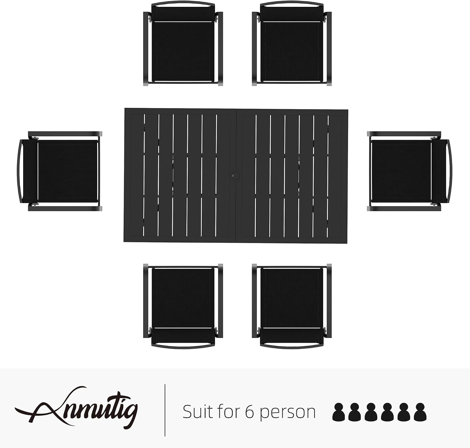 63"x38" Rectangle Outdoor Patio Dining Table with Umbrella Hole - 6 Person | 63" x 38" x 28" Rectangle Table, Slat Table Top, Black, Metal Top and Frame, 1.57"-1.9" Adjustable Umbrella Hole, All Weather